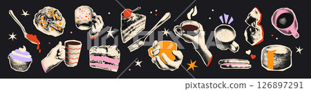 Trendy halftone collage elements set. Cutout hands holding cups and mugs of hot coffee or tea, sweets with vintage dotted texture and doodles. Modern retro vector illustration for mixed media design 126897291