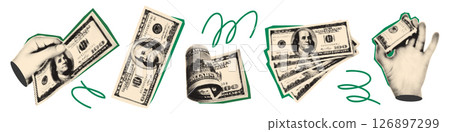 Money cash halftone art collage cut outs set. Paper clippings, hands holding 100 dollar bills. Modern retro mixed media vector illustration isolated on transparent background 126897299