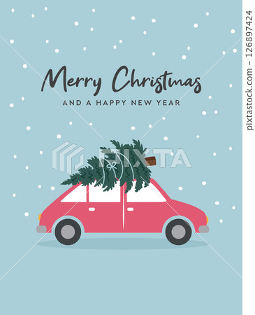 christmas greeting card with car and christmas tree vector illustration 126897424