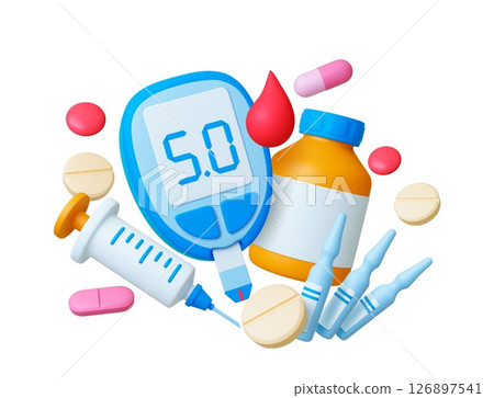 Diabetes 3d concept. Pills syringe glucometer, blood drop and ampoules with medicine. Realistic elements for hospital, healthcare, pharmacy, vector set Diabetes 3d concept. Pills syringe glucometer, blood drop and ampoules with medicine. Realistic elements for hospital, healthcare, pharmacy, vector set 126897541