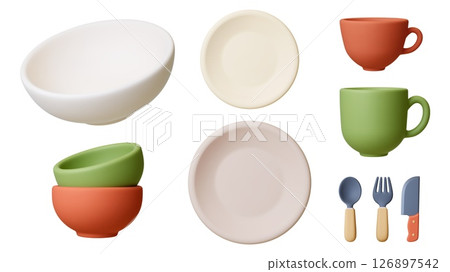 Crockery 3d. Empty white bowl, plates, cups for tea, coffee, cacao, utensils. Isolated realistic kitchen set for food, lunch, dinner, vector clipart 126897542
