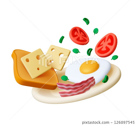 Breakfast plate 3d. Morning food, fried eggs, toast with cheese, bacon, tomatoes and green. Fresh homemade meal, buffet or restaurant menu, realistic vector object 126897545
