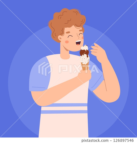 Boy eating giant ice cream. Happy teen eat sweet creamy and chocolate dessert in waffle cone from gelateria. Summer season vector character Boy eating giant ice cream. Happy teen eat sweet creamy and chocolate dessert in waffle cone from gelateria. Summer season vector character 126897546