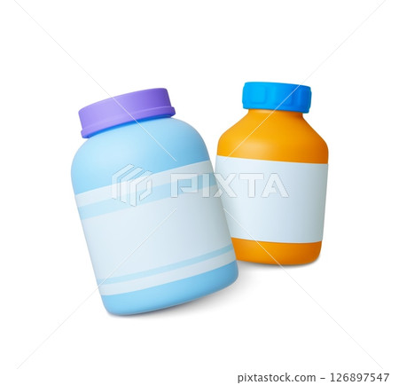 Big plastic jars 3d icons. Jar for sports nutrition, storage of medicines or bulk products. Universal household containers, realistic rendering vector elements 126897547