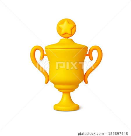 Big gold trophy 3d icon. Realistic golden cup, sport winner award. Isolated rendering object. Insignia, prize for winners, plastic style vector item 126897548