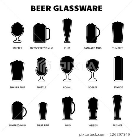 Beer glassware black silhouettes icons. Isolated stickers with beer, pub drinks symbols. Different types of glasses, vector elements for design 126897549
