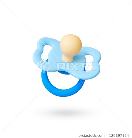 Baby boy pacifier 3d icon. Isolated realistic blue silicone nipple with plastic elements. Newborn accessory to calm, toddler soother rendering vector design 126897554