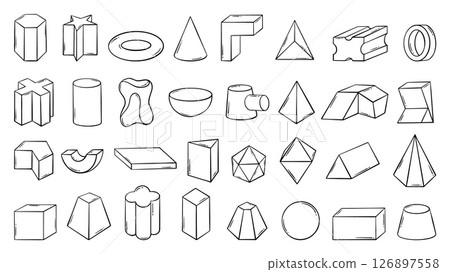 Doodle 3d geometry elements. Sketch geometric shapes, pyramid cube ball cylinder polyhedron. School lesson educational materials, neoteric vector clipart 126897558