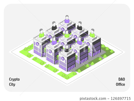 Cartoon Color DAO Office Building Architecture Crypto City Concept 3d Isometric View Line Elements. Vector illustration of Decentralized Autonomous Organization 126897715