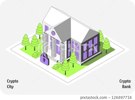 Cartoon Color Bank Building Architecture Crypto City Concept 3d Isometric View Line Elements. Vector illustration of Banking Service 126897716