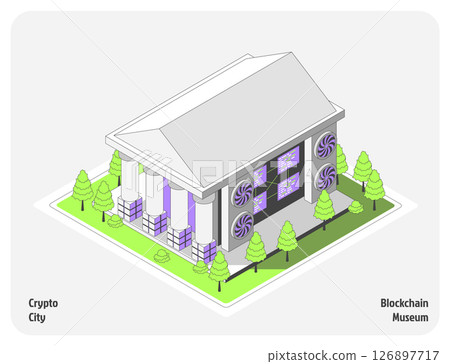 Cartoon Color Blockchain Museum Building Architecture Crypto City Concept 3d Isometric View Line Elements. Vector illustration 126897717