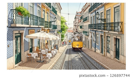 Image of a Portuguese street corner with a yellow tram going up a hill 126897744
