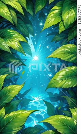 Vibrant Green Leaves Framing Shimmering Blue Water 126897773