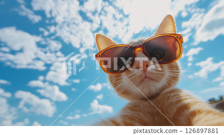 Funny cat wearing sunglasses taking selfie under blue sky 126897881