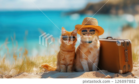 Two cats in sunglasses and hat sitting on beach with suitcase 126897882