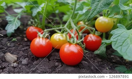 Ripe Cherry Tomatoes Growing on Bushes in Fertile Garden Soil 126897891