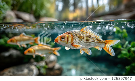Vibrant koi fish swimming underwater in tranquil pond with lush greenery 126897947