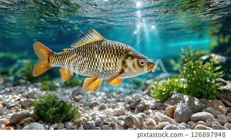 Underwater shot of carp swimming in clear freshwater with sunlit pebbles 126897948