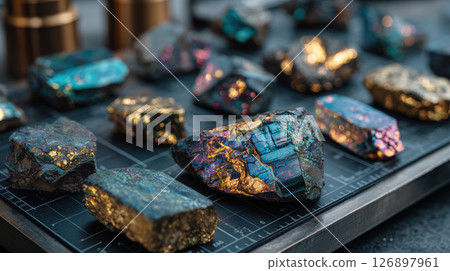 Collection of rare earth minerals displayed on scientific grid mat for educational and research purposes 126897961
