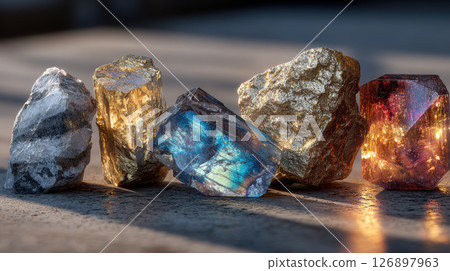 Colorful assortment of rare earth minerals in natural sunlight for geological study and collection display 126897963