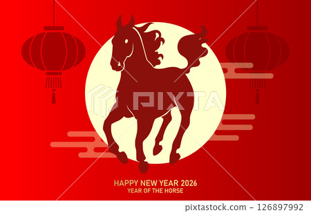 Zodiac horse silhouette with hanging lanterns background 126897992