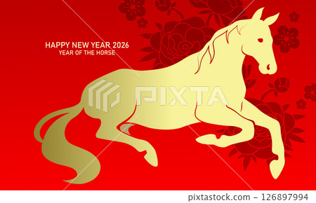 Zodiac horse silhouette with peonies pattern in background Zodiac horse silhouette with peonies pattern in background 126897994