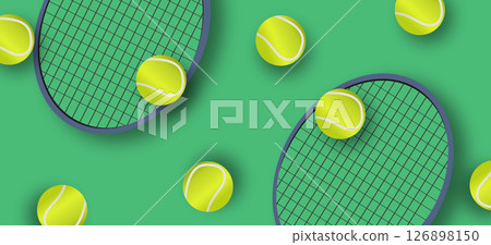 Tennis rackets and balls on green background. Real tennis game, class or match design for banner, advertisement, poster, website, brochure. Tennis rackets and balls on green background. Real tennis game, class or match design for banner, advertisement, poster, website, brochure. 126898150