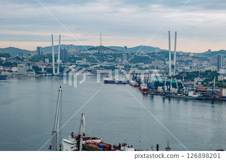 Zolotoy rog bay panorama featuring iconic cable stayed bridge linking vladivostok's urban core with churkin peninsula, russia 126898201