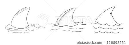 Shark fin sketch with water tattoo. Simple line silhouette dolphin or shark fin underwater. Vintage nautical retro textured shape. 126898231