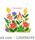 Bright vector illustration of summer flowers and symbolic fire with the word MIDSUMMER, celebrating solstice or seasonal festival themes.  126898249