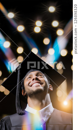 Celebrating success: young african male graduate smiling under festive lights Celebrating success: young african male graduate smiling under festive lights 126898320