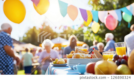 Seniors partying with food and festive decorations outdoors 126898324