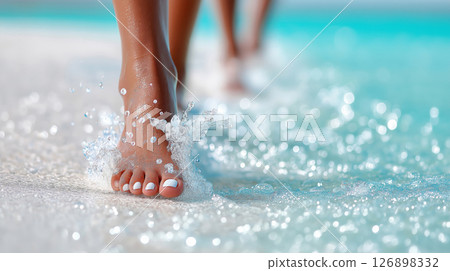 Close-up of female feet splashing in turquoise ocean waves on sunny beach 126898332