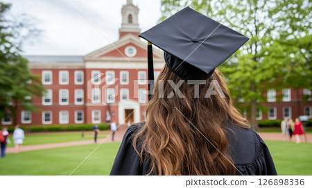 Female graduate in cap and gown facing university building on graduation day 126898336