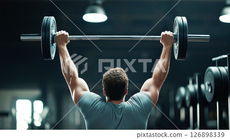 Caucasian male lifting barbell in gym focused on strength training 126898339