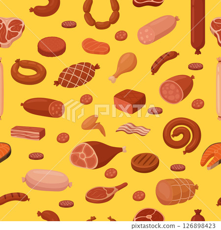 Vector Seamless Meat Pattern with Sausage, Bacon, Ham and Grilled Meat Pieces on Yellow Background. Meat Background for Butcher Branding, Menu Design, Food Packaging, Poster. BBQ, Meat Product 126898423