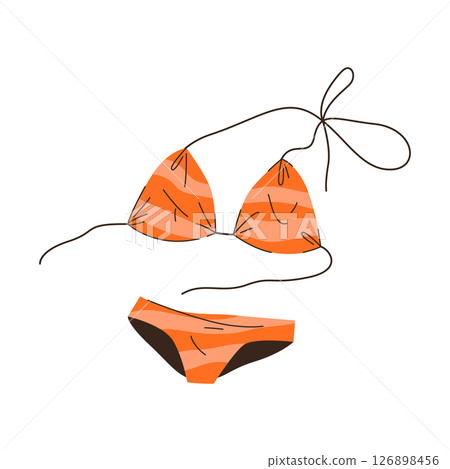 Woman beach swimsuit. Vector feminine summer swimwear for ocean or sea vacation. Seaside or pool cloth for summer leisure. Bikini for sunbathing, tropical fashion symbol. Swimming wear for holiday. 126898456