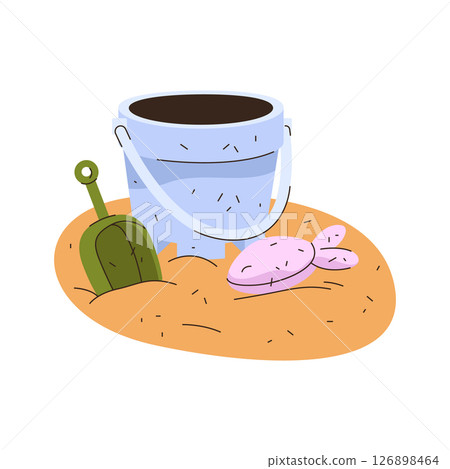 Beach sand with toys for seaside play. Vector sign for summer recreation tools for children like plastic bucket and shovel, form for molding. Coastal vacation, sea or ocean holiday. Outdoor shore game 126898464