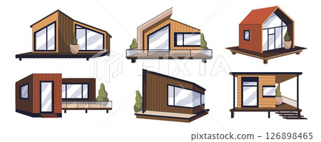 Set of modular building or mobile house. Vector smart construction and prefabricated home property. Accommodation modularity or eco living apartment. Architecture exterior. Housing efficiency. 126898465