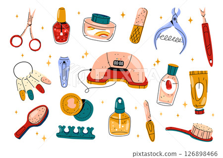 Vector set of manicure tools. Nail care accessory icon collection. Hand and finger treatment. Cuticle oil and trimmer, scissors, brush, gel polish lamp, tong and remover, toe separator. Pedicure. 126898466