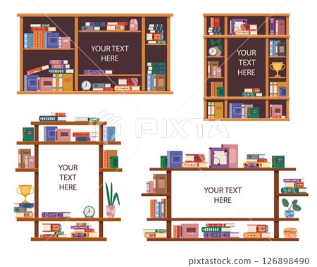 Set of bookshelf mockup. Vector bookcase with slogan or literature quote, reading message. School or college, university study background. Bookstore or bookshop promotion sign. Information, message. 126898490