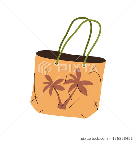 Vector icon for beach bag. Clipart of summer tote for carrying seaside accessory. Sea vacation and ocean travel item. Seaside fashion symbol with palm and stripe. Picnic storage and holiday resort. Vector icon for beach bag. Clipart of summer tote for carrying seaside accessory. Sea vacation and ocean travel item. Seaside fashion symbol with palm and stripe. Picnic storage and holiday resort. 126898491
