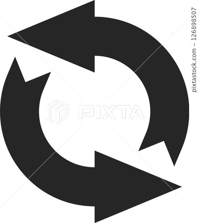 Two curved arrows rotating counterclockwise, creating a seamless loop that symbolizes repetition and renewal, representing a continuous cycle or circular process in motion 126898507