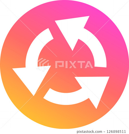 Three white arrows rotating clockwise forming a continuous cycle on a circular gradient background from pink to orange, symbolizing a repeating process 126898511