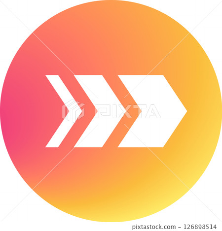 White triple arrow pointing right on a round gradient background from pink to orange, perfect for conveying concepts of direction, progress, and movement 126898514