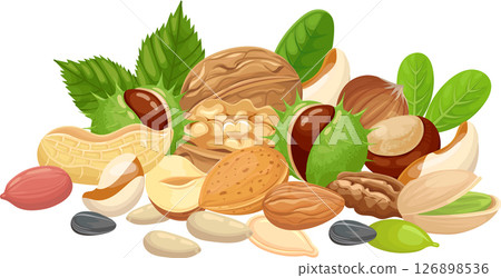 Vibrant assortment of walnuts, almonds, peanuts, chestnuts, pistachios, hazelnuts, and sunflower seeds arranged in a visually appealing pile, highlighting their natural colors and textures 126898536
