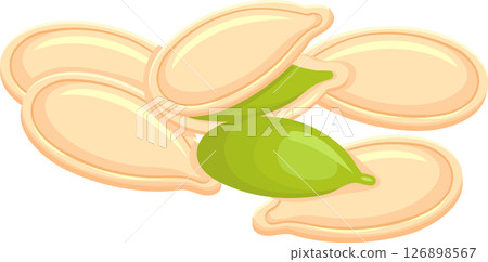 Pumpkin seed surrounded by its shells, isolated on a white background, showing its bright green color and smooth texture, perfect for healthy snacking or adding to recipes 126898567