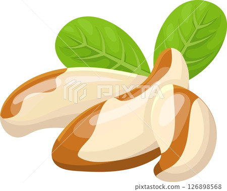 Featuring two whole Brazil nuts alongside a piece of a third, complemented by two vibrant green leaves, highlighting a nutritious and natural snack option for health conscious eaters 126898568