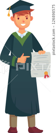 Smiling graduate student wearing an academic gown and cap, pointing at his diploma with a golden seal and red ribbon, celebrating his academic achievement Smiling graduate student wearing an academic gown and cap, pointing at his diploma with a golden seal and red ribbon, celebrating his academic achievement 126898575