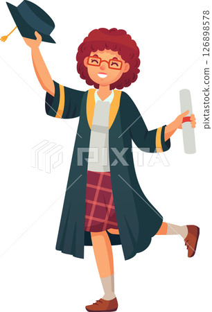 Happy graduating student wearing an academic gown and holding a diploma, joyfully throwing her graduation cap in the air, celebrating a significant achievement on graduation day 126898578